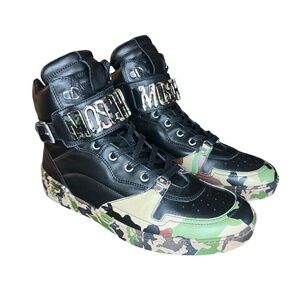NIB Moschino Couture! Milano Camouflage Leather High Top Sneakers Black 41